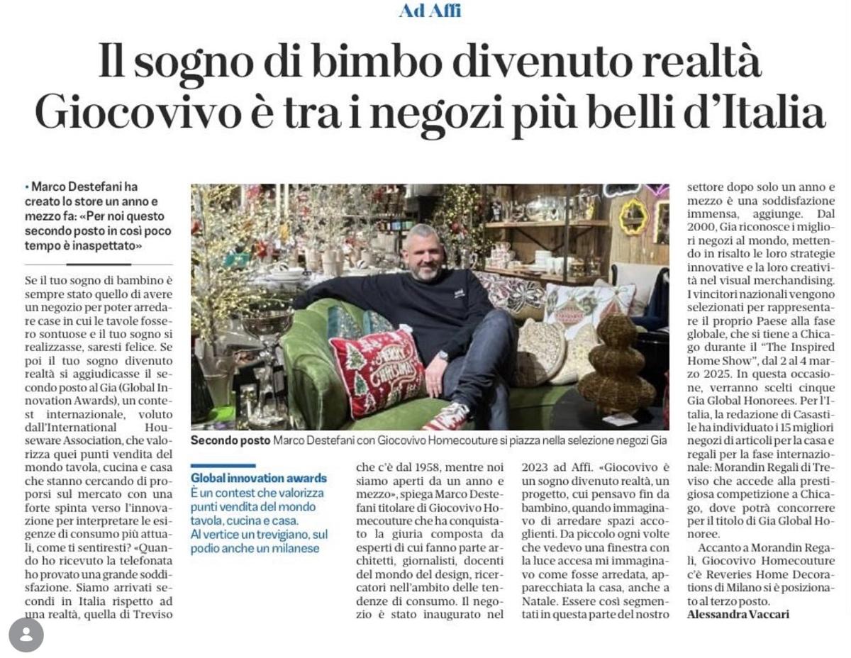 Articolo di giornale: Il sogno di bimbo divenuto realtà. Giocovivo è tra i negozi più belli d’Italia